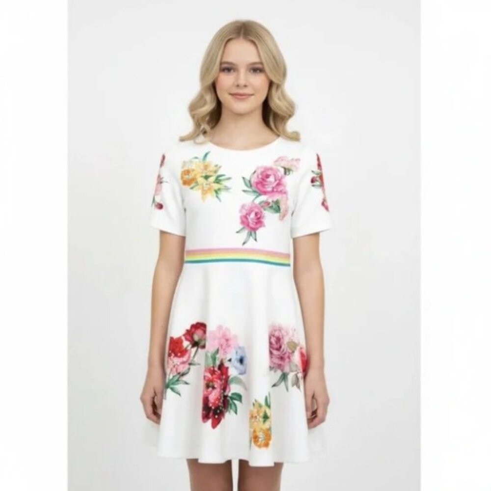 Truly Me Tween Fit & Flare Floral Dress‎ Size 8 Easter Rainbow Belt Sparkly Rose